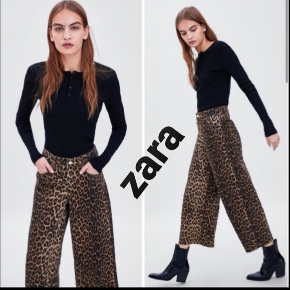 Zara Denim - Zara Leopard Print Wide Leg Cropped Pants
